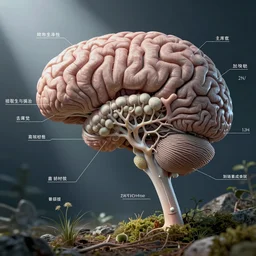 brain mold, mycelium, nervous system, cns, medical, biology, diagram overlay, high resolution, modern textbook photo