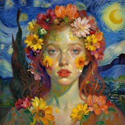 portrait of a beautiful girl, covered in flowers, intimate, vibrant colors, beautiful face, rule of thirds, spotlight, expressive, passionate, by greg rutkowski, by jeremy mann, by francoise nielly, by vincent van gogh, digital painting