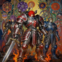 composition of gothic and futuristic, warhammer, cyber japan style armor, battle for blood on swords, more scars and fire, many mechflowers, red head, some purple and blue, the middle ages, highly detailed, artstation, in the style of moebius, jugendstil and classic japanese print, psychedelic, art by rene magritte on canvas painting