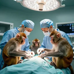 Monkeys in the operating room performing surgery, photograph, 16mm