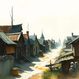 small centered on paper, paint brush strokes, abstract watercolor painting of western viking town, midday sharp light, dust, cinematic light, american romanticism by hans dahl, by jesper ejsing, by anders zorn, by greg rutkowski, by greg manchess, by tyler edlin