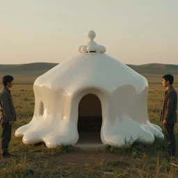 a melted, limp, smooth traditional ukrainian house hut in the kazakh steppe in style by anish kapoor, in the parts by shih chieh huang, golden hour, film still from the movie directed by denis villeneuve with art direction by zdzisław beksinski, close up, telephoto lens