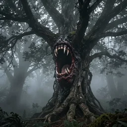 dark forest shrouded in mist, a tree with bloody fanged mouth gaping open fangs visible, forbearing, oppressive, epic composition, digital art, concept art, 4 k, highly detailed