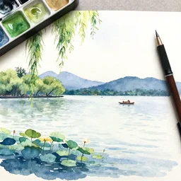 west lake summer watercolor pen light color trending on artstation