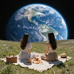 beautiful romantic picnic on the moon looking at earth