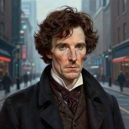 portrait of sherlock holmes on a futuristic city street background, digital painting, detailed, realistic, digital art, by alayna lemmer