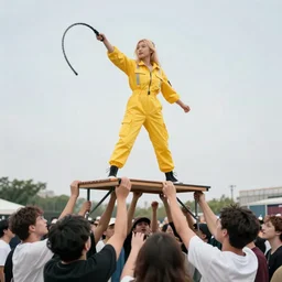 blonde asian girl wearing yellow jumpsuit flailing a whip while standing on top of a folding table being held up by a crowd of people
