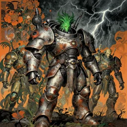 composition of gothic and futuristic, warhammer, cyber japan armor, many scars, many mechflowers, thunderstorm, green head, some orange, the middle ages, highly detailed, artstation, in the style of moebius, jugendstil and classic japanese print, psychedelic, art by jean delville and anka zhuravleva