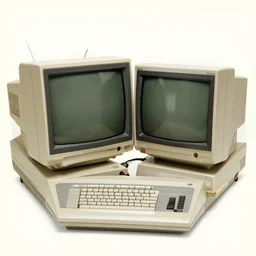 full - color page of a 1 9 7 0 s catalog advertising a kitschy retrofuturistic personal - computer. it has two crt monitors displaying 3 d graphics, and has a magnetic - tape reader, a pen tablet, and a mechanical keyboard. cassette futurism ; retrofuturism.