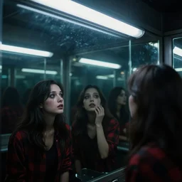 looking inside at a fun house mirror, illuminated by florescent lights, dramatic, spooky, lighting fall off, infinite reflections