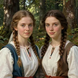 portrait of two beautiful medieval village finnish norwegian swedish attractive maidens in the woods in a sunny day, jodhpurs greg manchess painting by sargent and leyendecker, studio ghibli fantasy close - up shot asymmetrical intricate elegant matte painting illustration hearthstone, by greg rutkowski by greg tocchini by james gilleard