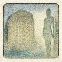 artwork of a building and humanoid in a nice scenery in the style of Lalique,