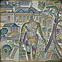 artwork of a building and humanoid in a nice scenery in the style of Lalique,