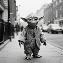 Yoda caught walking down the streets of london, photograph, black and white, 1880