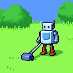 pixel art from 1 9 8 0 s computer game depicting a robot mowing the lawn