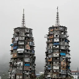 two towers, made up of makeshift squatter shacks, misty, mamiya rb 6 7, fully frontal view, very detailed, photographed by ansel adams