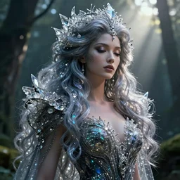 beauteous sumptuous dark empress with incredible iridescent pearlescent voluminous hair, photorealistic crystalline masterpiece incrustations, hyperdetailed kind face, elegant pose, movie still, cinematic forest lighting, intricate accuracy, octane render, cgsociety, artgerm, unreal engine, crepuscular rays, god rays