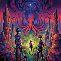 a surreal landscape of dystopian city with octopus shaped buildings naoto hattori, android jones, and chris dyer, deep bold colors, galactic entity, depth of field, intricate beautiful painting, billions of details, octane render, portal, 8 k, detailed vector, trending on artstation, cgisociety, wow!!!!!!
