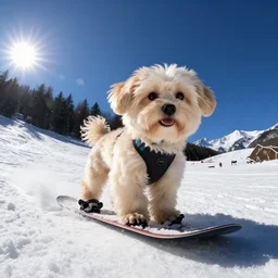 a cream-colored havanese dog snowboarding, gopro photo, 4k