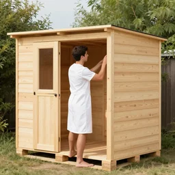 man in a white dress builds a wooden shed out of pallets