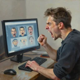 an angry man screams at his computer monitor, oil on canvas, 1 8 8 3, highly detailed