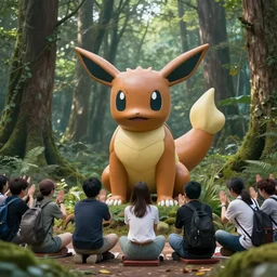 photograph of a group of people worshipping a giant eevee in a forest