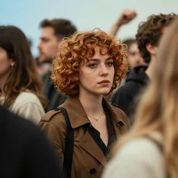 portrait woman with short ginger curly hair in the crowd, by ashley wood, dynamic lighting, gradient light blue, brown, blonde cream and white color scheme, grunge aesthetic