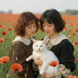 a couple whith a white cat with yellow eyes in a field of poppy, by manet