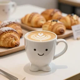 a cup of latte in a toilet - shaped mug, fresh bakeries in the background, in a bright cafe, 3 5 mm, f 1. 8