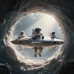 3 astronaut in flying sauser trveling throuh worm hole, cinematic lighting, hyperdetailed, 8 k realistic, symmetrical, global illumination, radiant light, love and mercy, frostbite 3 engine, cryengine, dof, trending on artstation, digital art, crepuscular ray