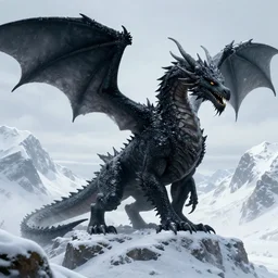 giant black dragon in the snowy mountains, fantasy, greg rutkowski