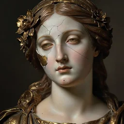 hyperrealism close - up mythological portrait of a medieval woman's shattered face partially made of bronze color flowers in style of classicism using the fibonacci golden ratio, pale skin, wearing bronze dress, dark and dull palette