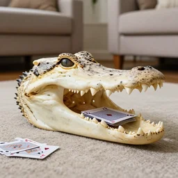 an alligator skull set on the carpet floor of a living room with deck of cards inside of the mouth