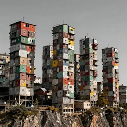 high towers made up of colourful brutalist makeshift squatter shacks, suspended, over a cliff, mamiya, uniform plain sky, fine details, photographed by michael wolf