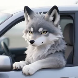 a cool wolf fursona, gaussian blur, in a car