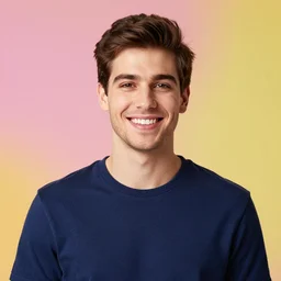 beautiful colorful studio portrait photograph, of an happy young adult male, with short brown hair and no beard