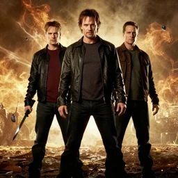 sam winchester, dean winchester and castiel from supernatural in an epic pose with epic lighting