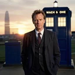 dslr photo portrait still of hugh laurie as doctor who in front of the tardis at sunset, 8 k, 8 5 mm f 1. 4