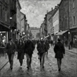 a black and white painting of busy street by otto dix, moody shades,