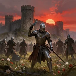 madness of the medieval battlefield. castles. bloom, lighting, red sunset. fantasy, digital painting, hd, highly detailed.