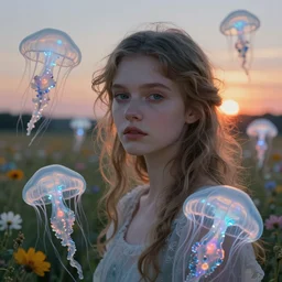 neoclassicist renaissance close - up portrait, a girl in a in field of flowers, translucent jellyfish flying around, surreal photography, sunrise, impressionist painting, mycelium fungus, translucent, bio luminescent, plasma, energy flow, artstation, simon stalenhag