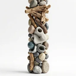 a column made of various found objects, such as, driftwood, washed stone, concrete, 3 d print, plastic garbage, river pebbles, zaha hadid, organic shape, parametric design, concept art, cinema 4 d, slick, high - res, octane render, trending on artsstation, unreal engine, white background