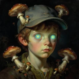 baroque neoclassicist close - up sci - fi portrait of a young alien boy wearing a baseball hat with big glowing eyes, overgrown with mushrooms. dark black ominous background, glowing atmosphere. highly detailed science fiction painting by norman rockwell, frank frazetta, and syd mead. rich colors, high contrast, gloomy atmosphere. trending on artstation and behance.
