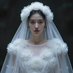 hight focus f - 2 2, 8 5 mm, iso 1 0 0 : a wonderful realistic focused portrait of a lonely woman with a detailed wonderful symmetrical face who is dressed with a wonderful, majestic, large semi transparent white cotton dress ornate with semi transparent cotton roses and semi transparent white veils, accent white lighting, dramatic light, octane render by roberto ferri, artstation, poster, - 8 k