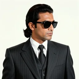 a 1 9 8 0 s businessman, wearing a pinstripe suit, hair in slick low ponytail, sunglasses. secret vampire. concept art by abrar ajmal.