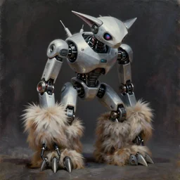 robotic lynxwiyh the big floofy feet, grimdark cyberpunk. oil painting