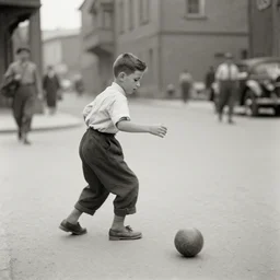 a boy playing with a ball in the street in 1 9 2 0