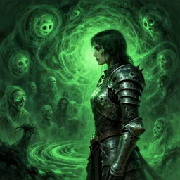side profile, imogen poots, corrupted armor, gloomhaven, luminescent, haunted green swirling souls, evil inky swirly ripples, sickly green colors, by greg manchess, huang guangjian, gil elvgren, sachin teng, greg rutkowski, jesper ejsing, ilya kuvshinov