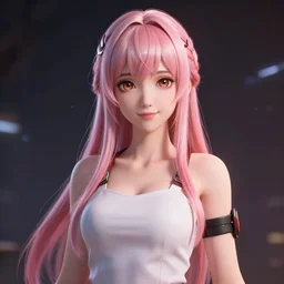 Zero Two render as a very beautiful 3d anime girl, hot petite, long braided hair, hazel eyes, full round face, short smile, cinematic lightning, medium shot, mid-shot, highly detailed, trending on Artstation, Unreal Engine 4k, cinematic wallpaper