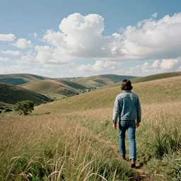 A landscape of hills and tall grass on a sunny day with puffy clouds with a man with medium length black hair, Jean jacket and jeans walking into the distance, collage, 1970s